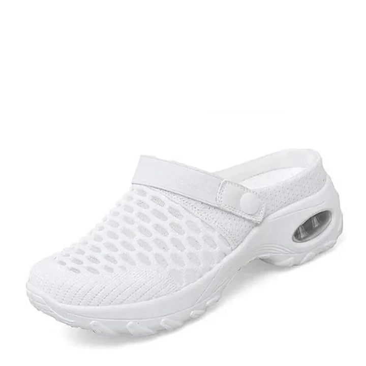 Air-cushioned shoes with strong cushioning for diabetics in black colourway showing slip-on construction and mesh panels