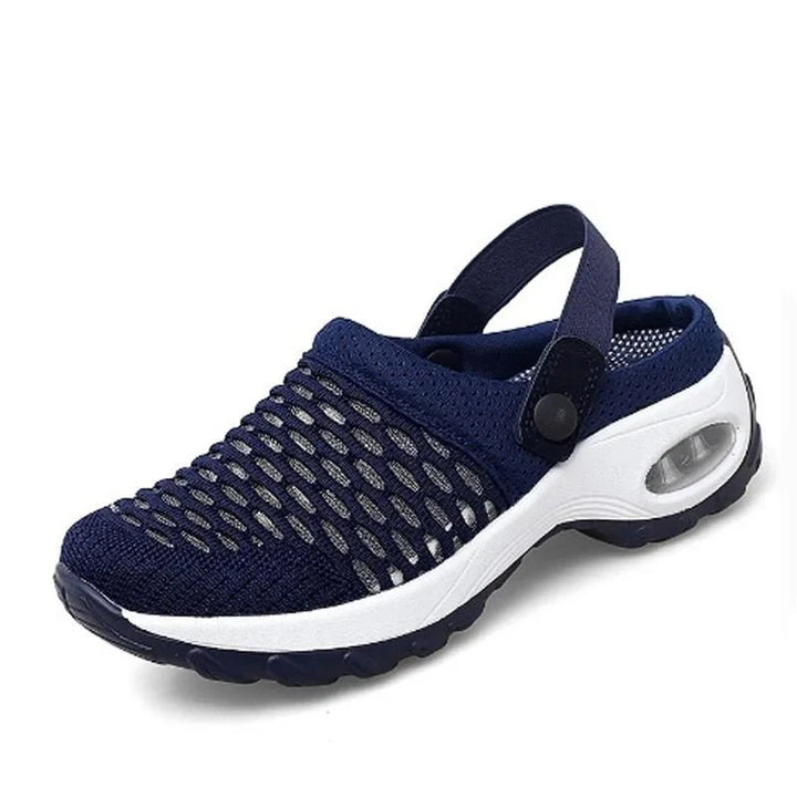 Air-cushioned shoes with strong cushioning for diabetics in purple colourway with contoured footbed and adjustable fit