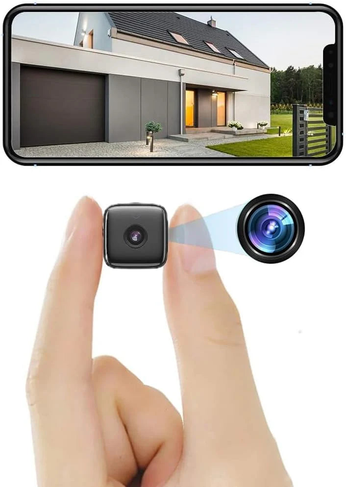 Compact indoor security camera with night vision displayed on smartphone showing home monitoring footage