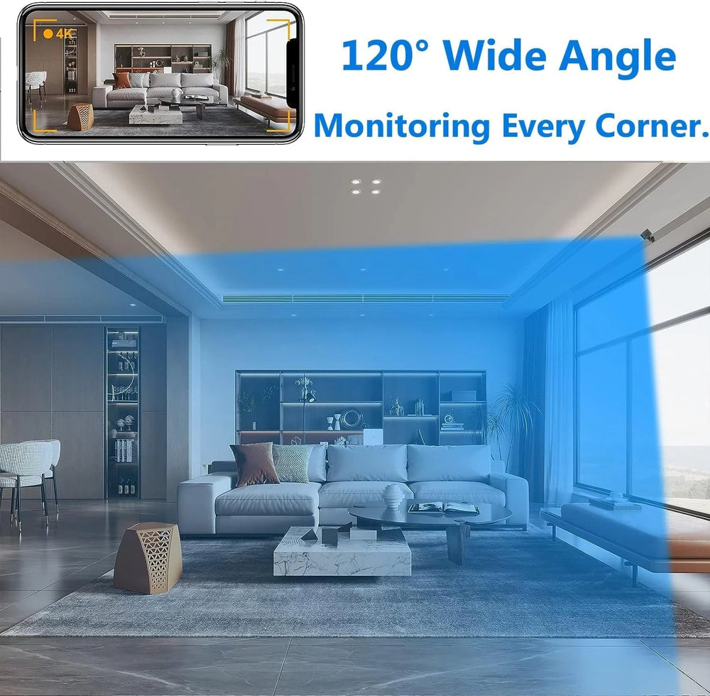 Small black square security camera held between fingers demonstrating compact wireless design and portability