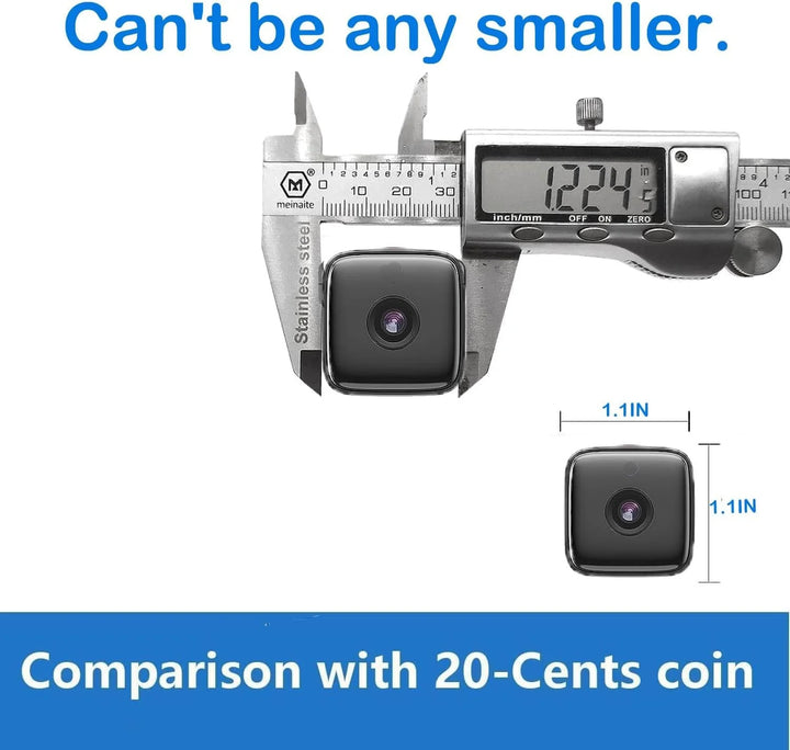 Small form factor security camera showing easy surface mounting without drilling for home use
