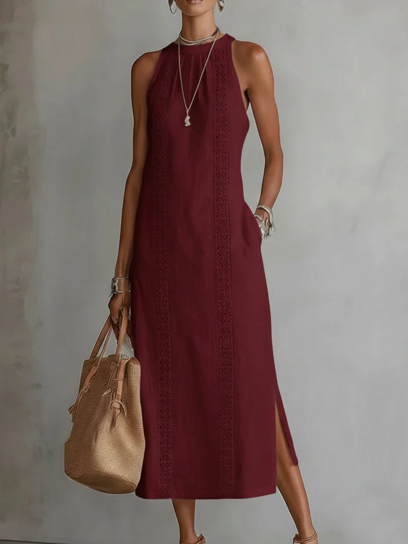 Back view of sleeveless midi dress showing clean lines and relaxed fit