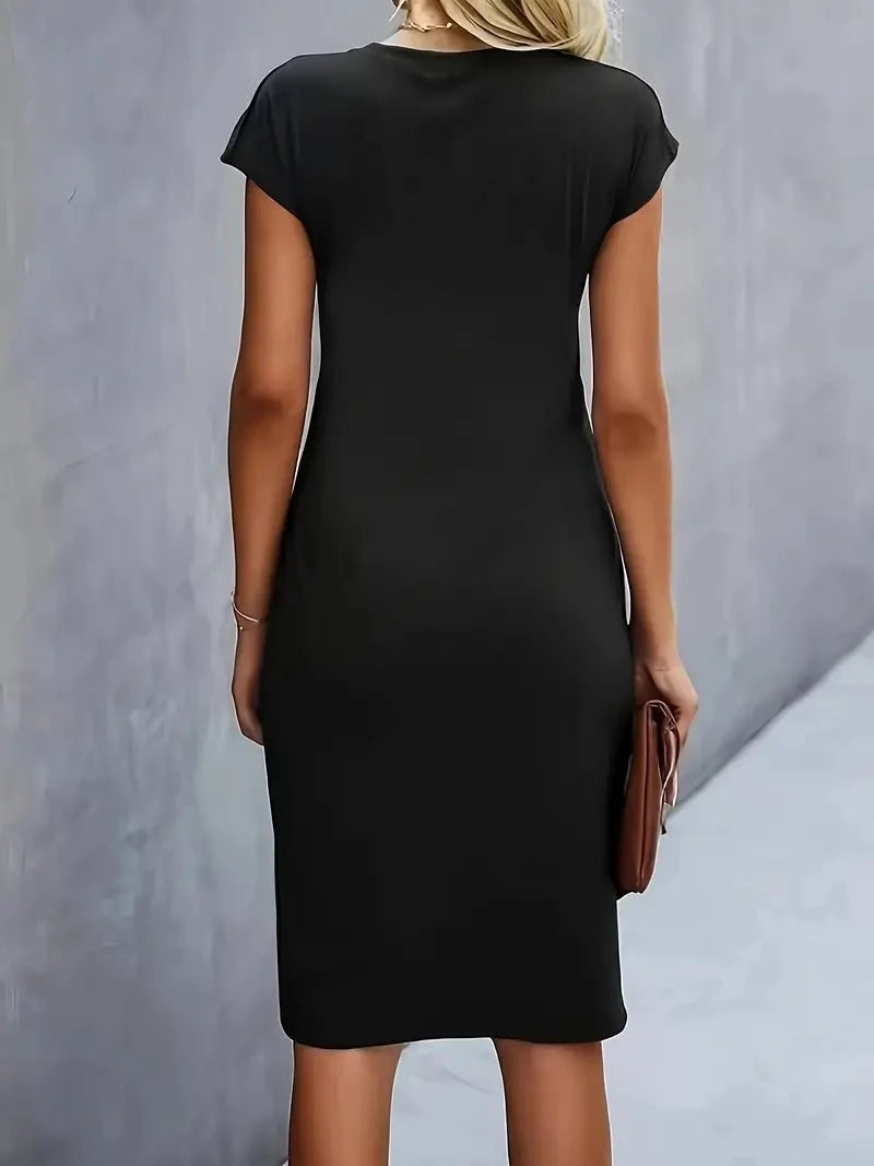 Office-appropriate bodycon midi dress with cap sleeves and crew neckline