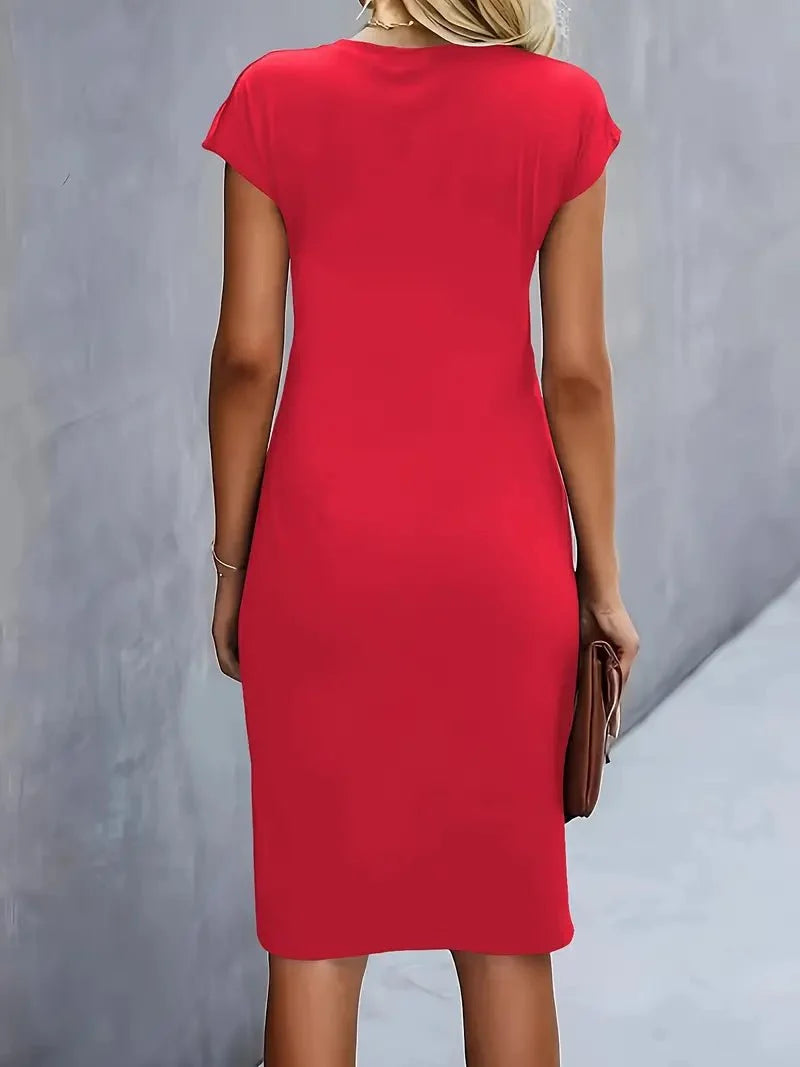 Below-the-knee midi dress with sculptural ruched waist and fitted cut