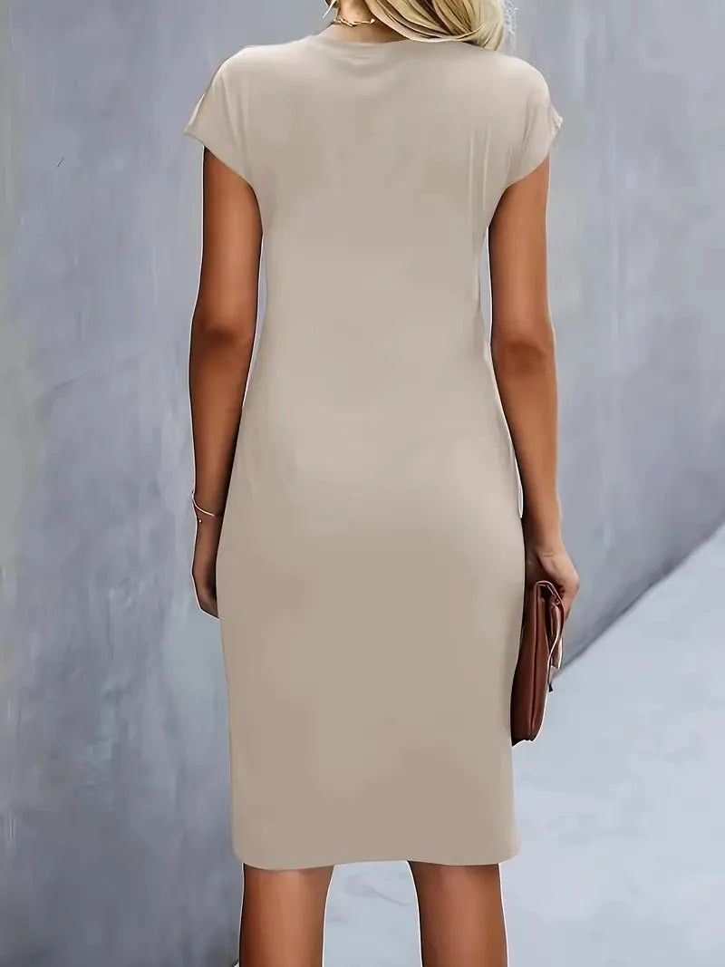 Smart-casual bodycon midi dress with gathered waist and structured sleeves
