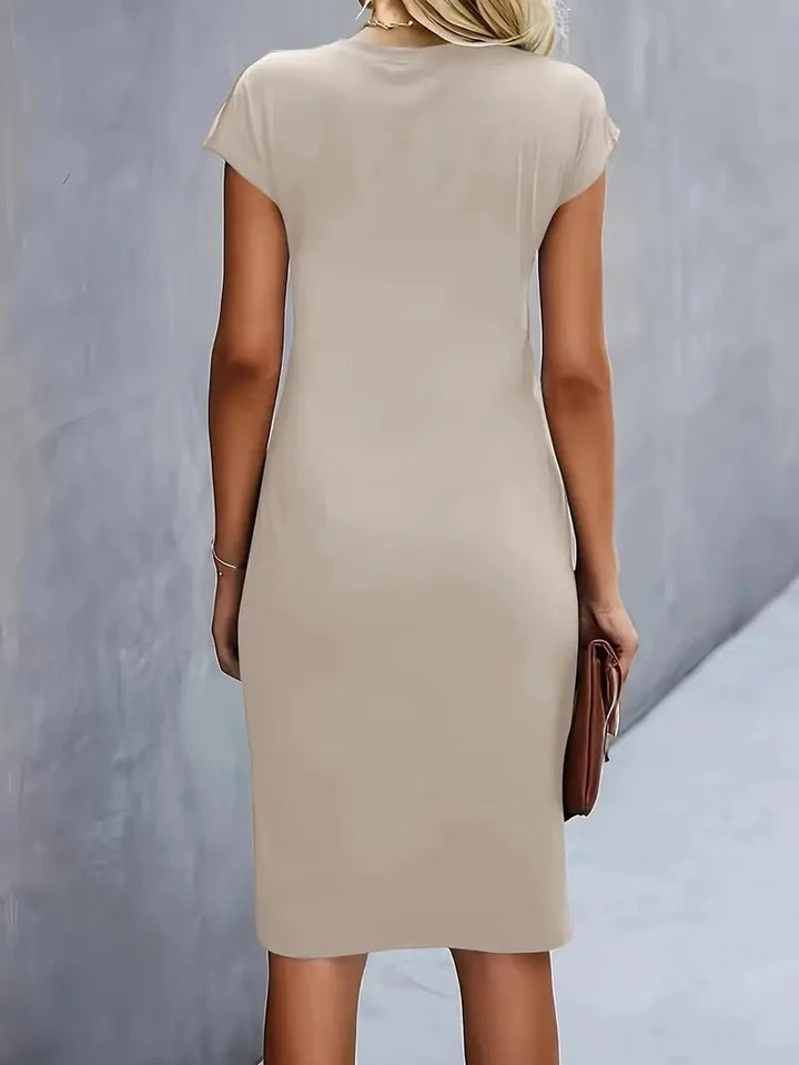 Smart-casual bodycon midi dress with gathered waist and structured sleeves