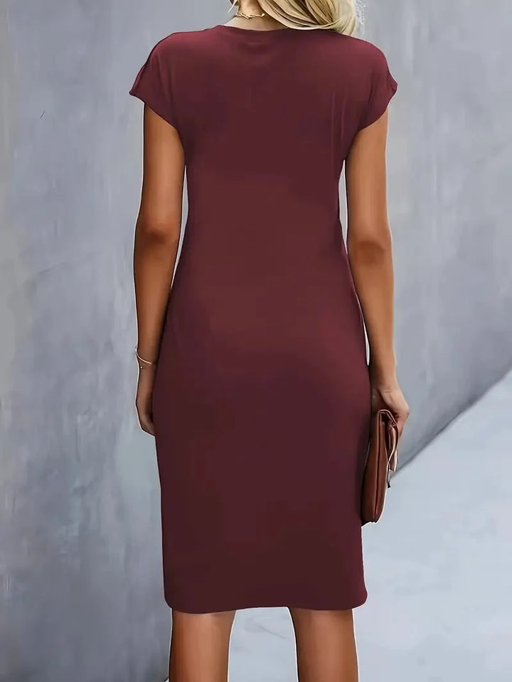 Office midi dress with twist-ruched waist and clean cap sleeve finish