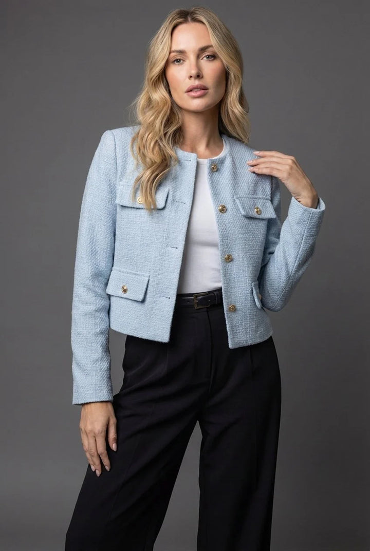 Women's tweed cropped blazer in light blue with round neckline and gold-tone button fastenings