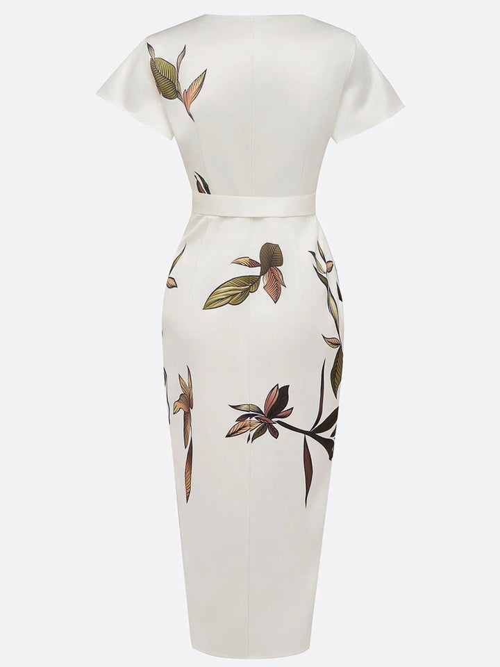 Floral wrap midi dress on model showing flattering wrap silhouette and midi length