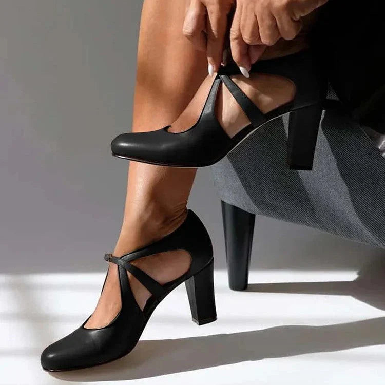Side view of women's block heel Mary Jane shoes with structured upper and stable heel