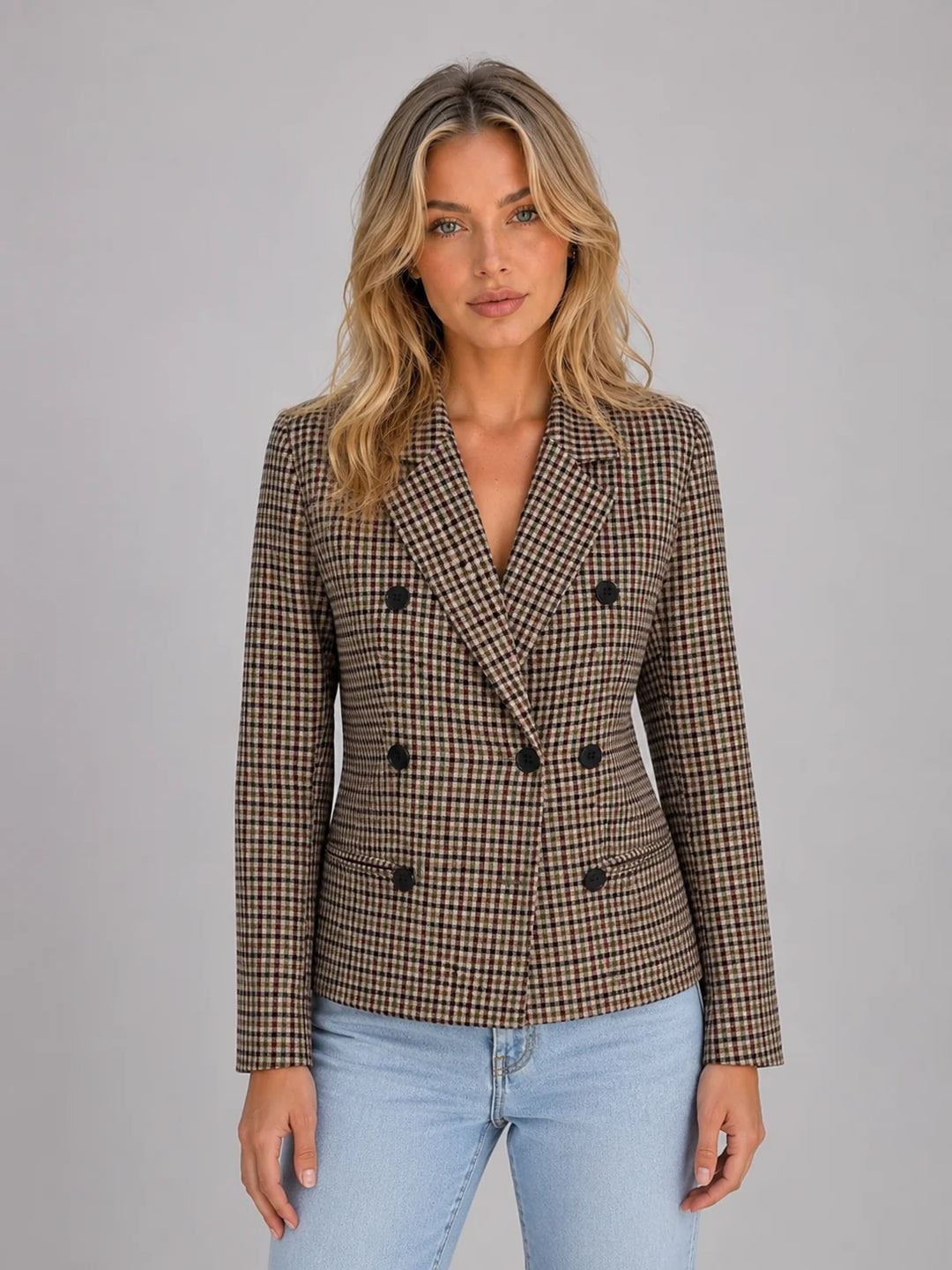 Women's checked double breasted blazer with tailored fit and notched lapel collar in taupe check pattern