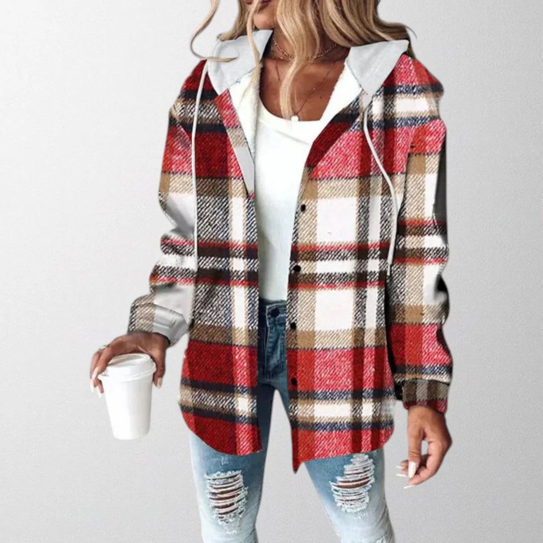Close-up view of women's hooded overshirt in check pattern showing relaxed fit and button-front closure