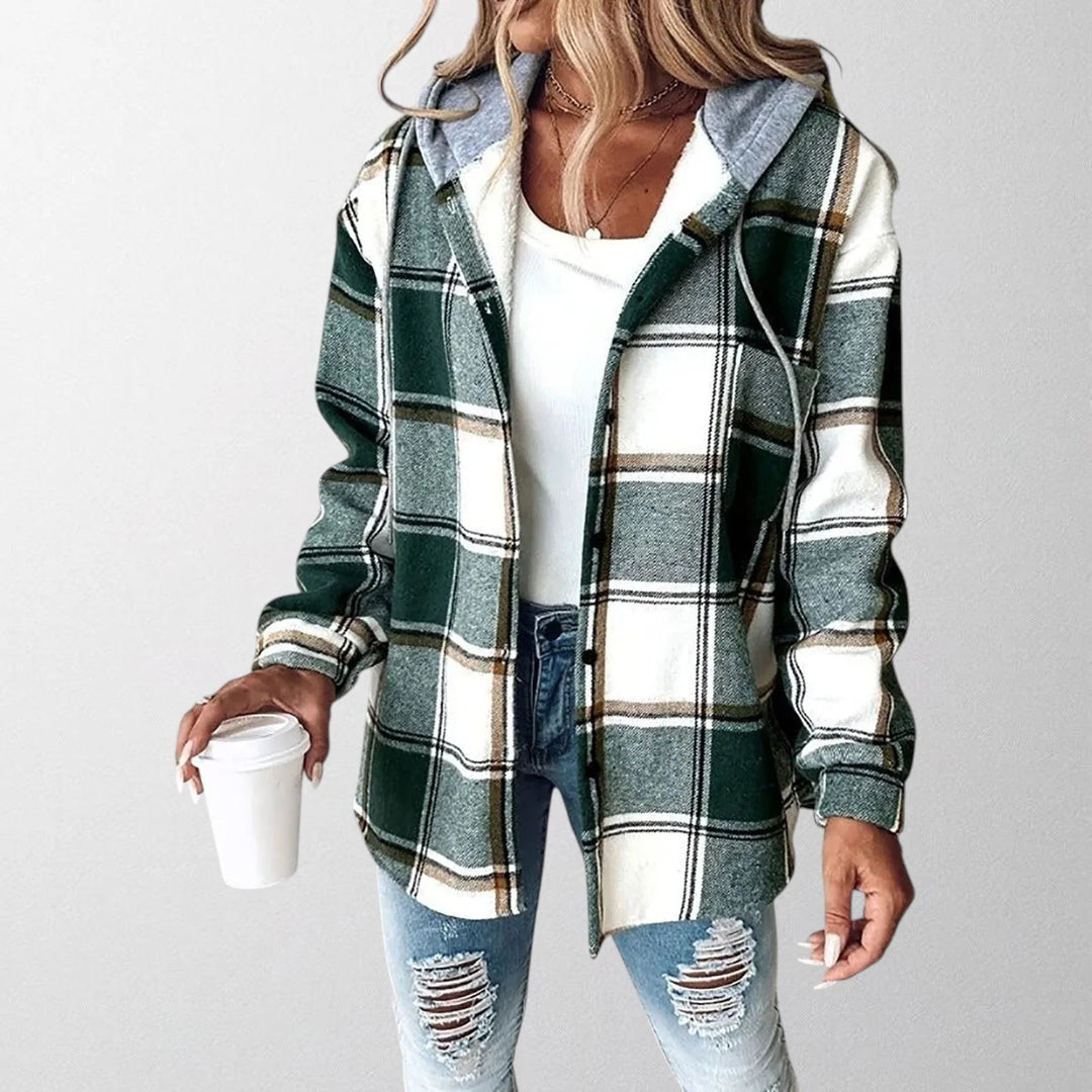 Side angle of warm stylish jacket displaying hip-length hem and full-length sleeves with brushed fabric