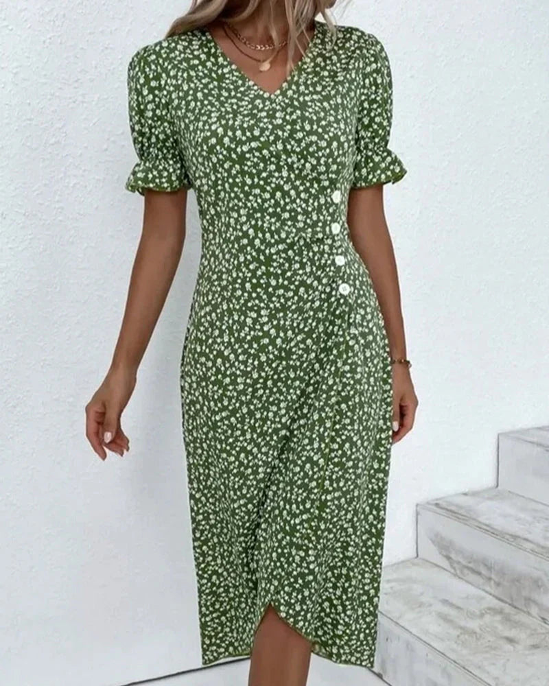 Ottilie Wrap Dress Women's Floral V Neck in green floral print with adjustable tie waist and midi length