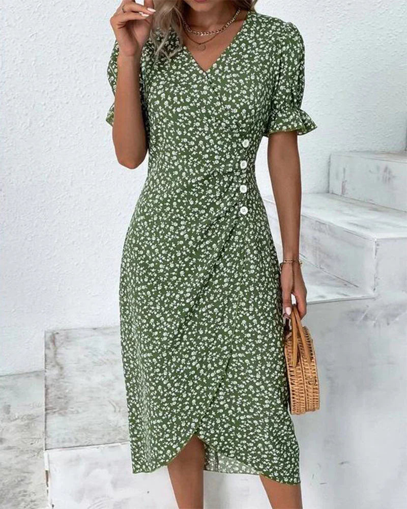 Model wearing Wrap Dress Women's Floral V Neck demonstrating adjustable fit and midi-length hemline