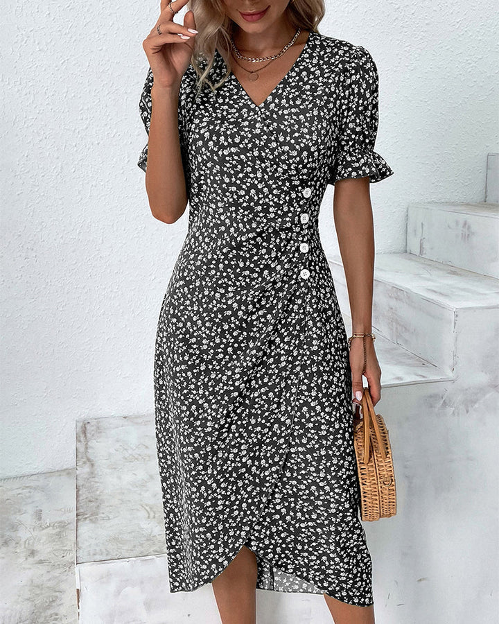 Full outfit styling of Wrap Dress Women's Floral V Neck paired with heeled sandals for evening wear