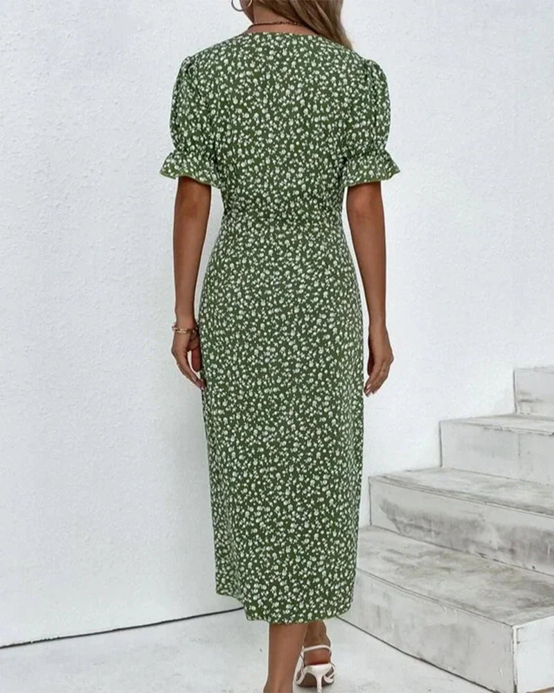Close-up of Wrap Dress Women's Floral V Neck showing V neckline and ruffle sleeve detail on green floral fabric