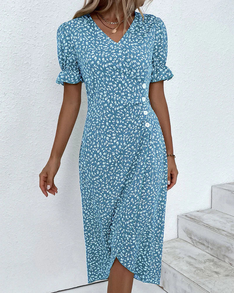 Back view of Wrap Dress Women's Floral V Neck displaying wrap closure and fitted bodice silhouette