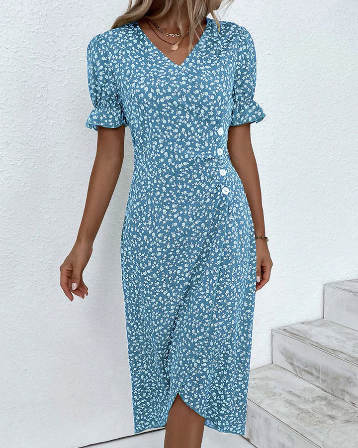 Back view of Wrap Dress Women's Floral V Neck displaying wrap closure and fitted bodice silhouette