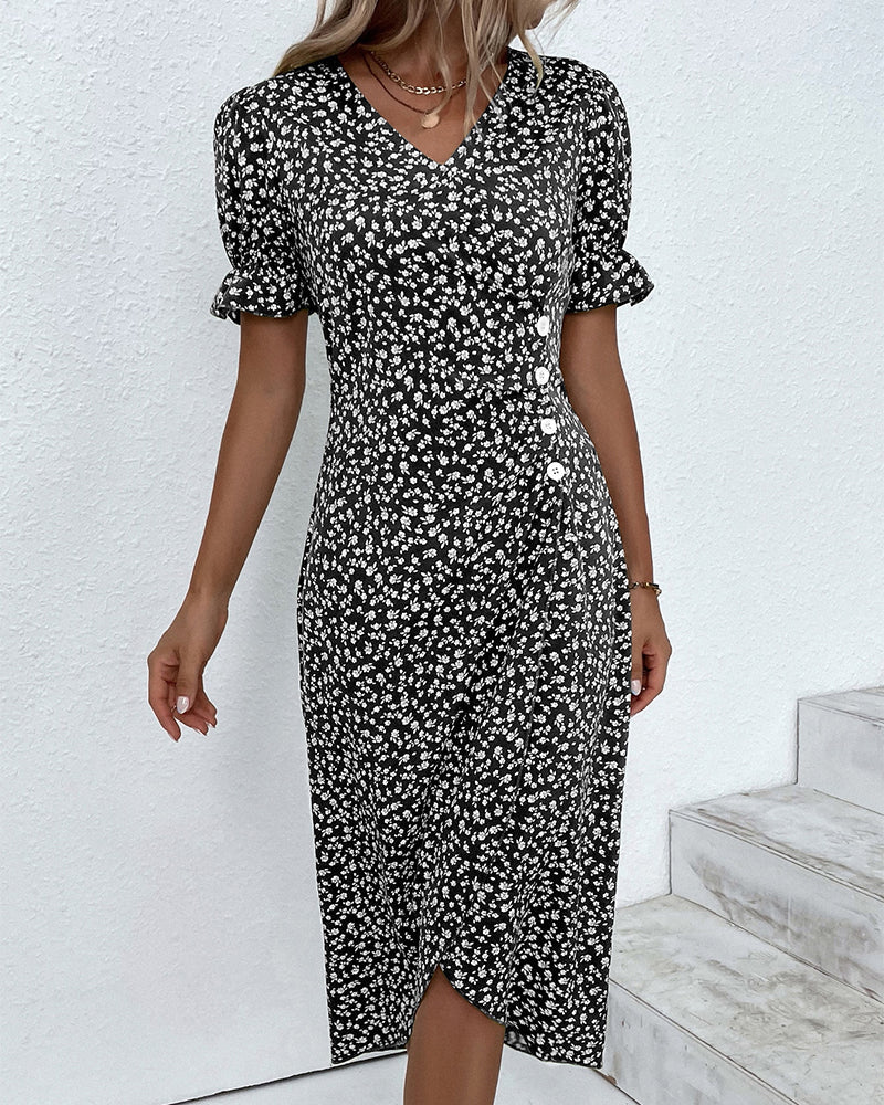 Full-length view of Wrap Dress Women's Floral V Neck styled with minimal accessories for daytime wear