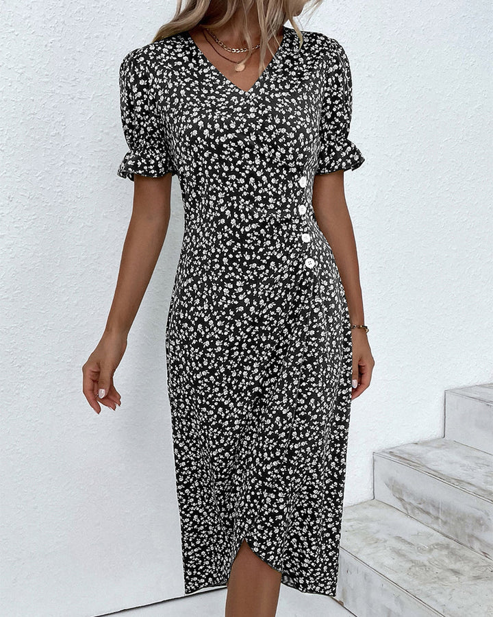 Full-length view of Wrap Dress Women's Floral V Neck styled with minimal accessories for daytime wear