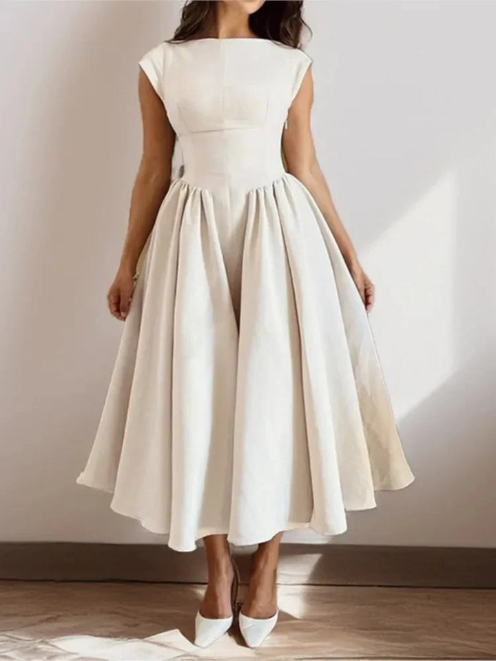 Midi dress with full skirt and bateau neckline in cream tone for formal occasions and weddings