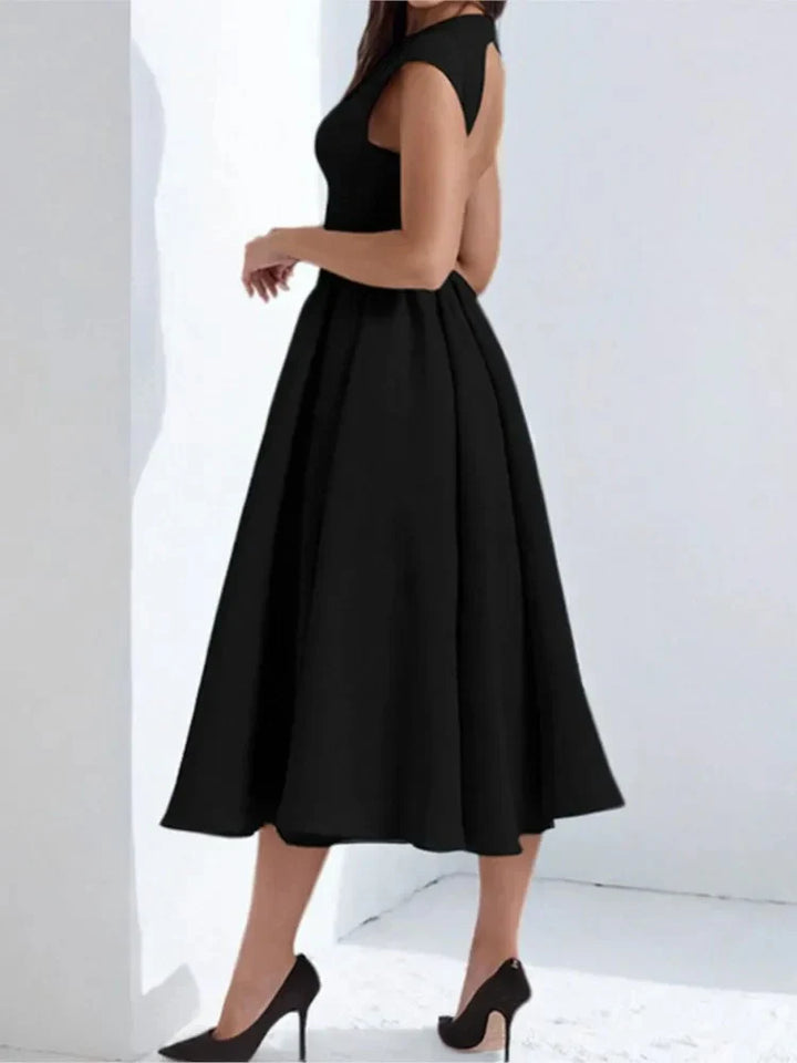 Bateau neckline midi dress with circular open back detail and concealed zip closure