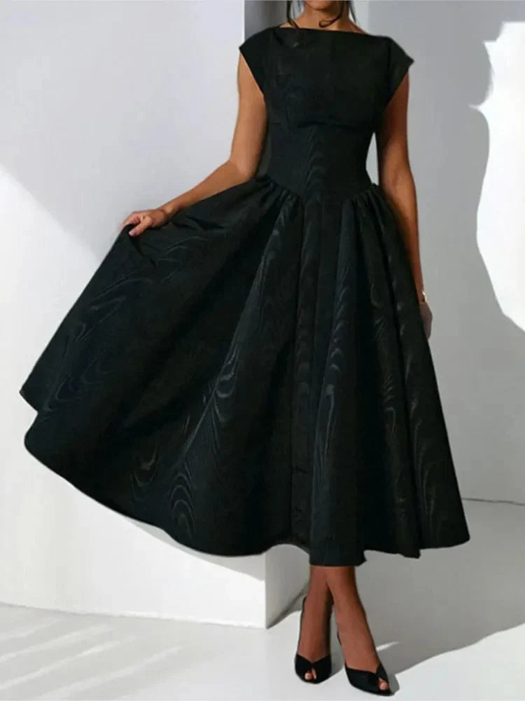 Formal midi dress with hidden pockets and tulle underlay for structured silhouette