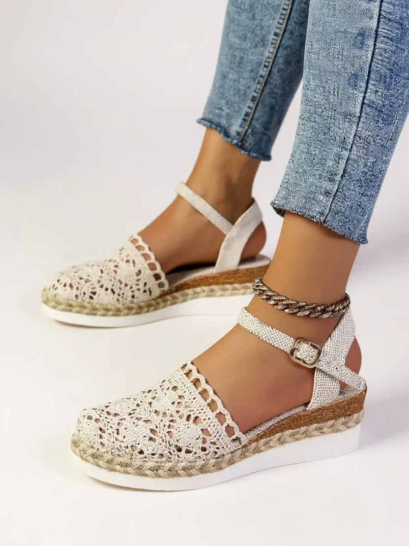 Women's espadrille platform sandals with crochet upper and cushioned sole for summer wear