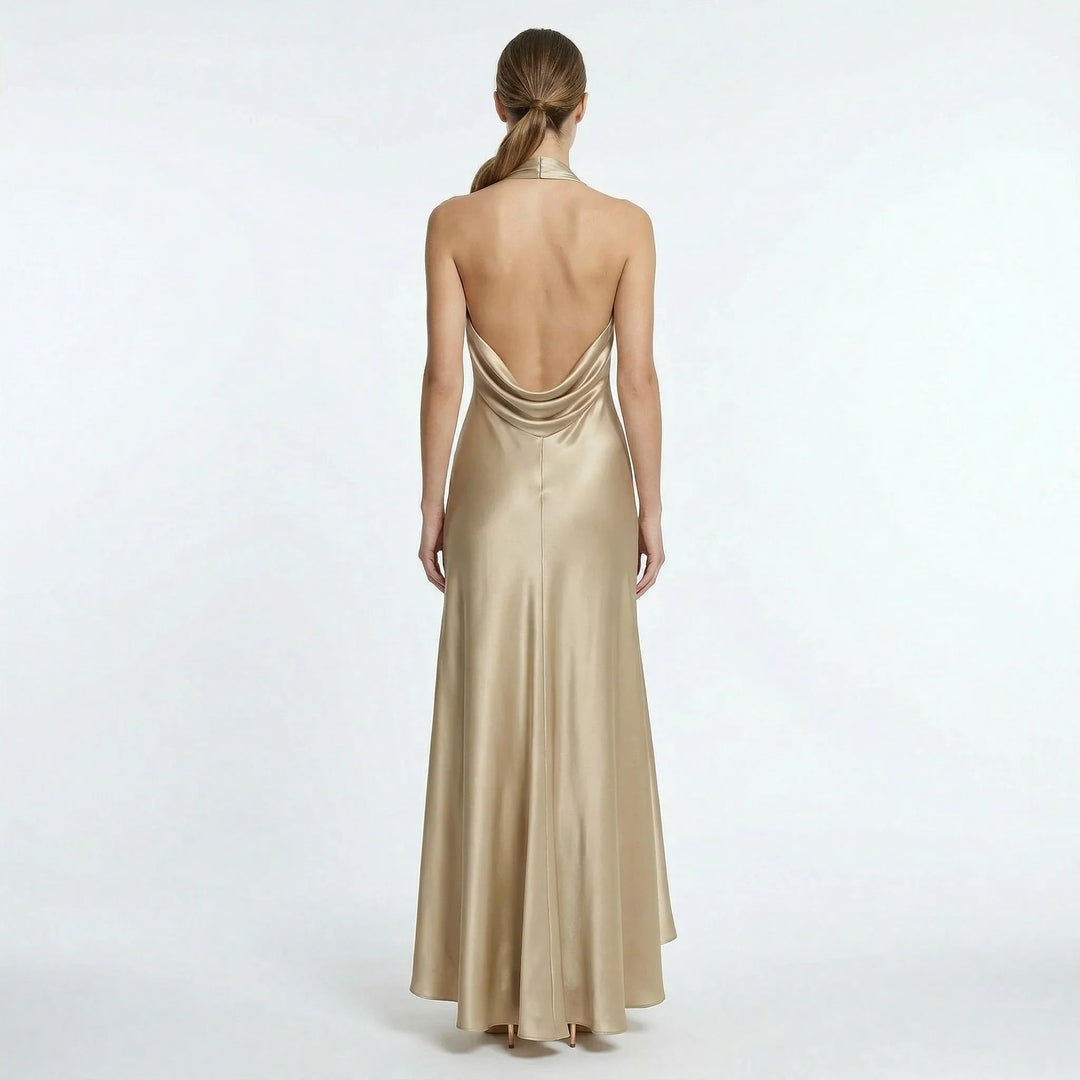 Front view of halter neck maxi dress showing fitted bodice and flowing floor-length silhouette