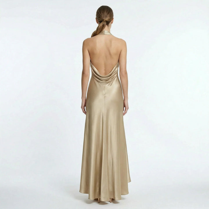 Front view of halter neck maxi dress showing fitted bodice and flowing floor-length silhouette