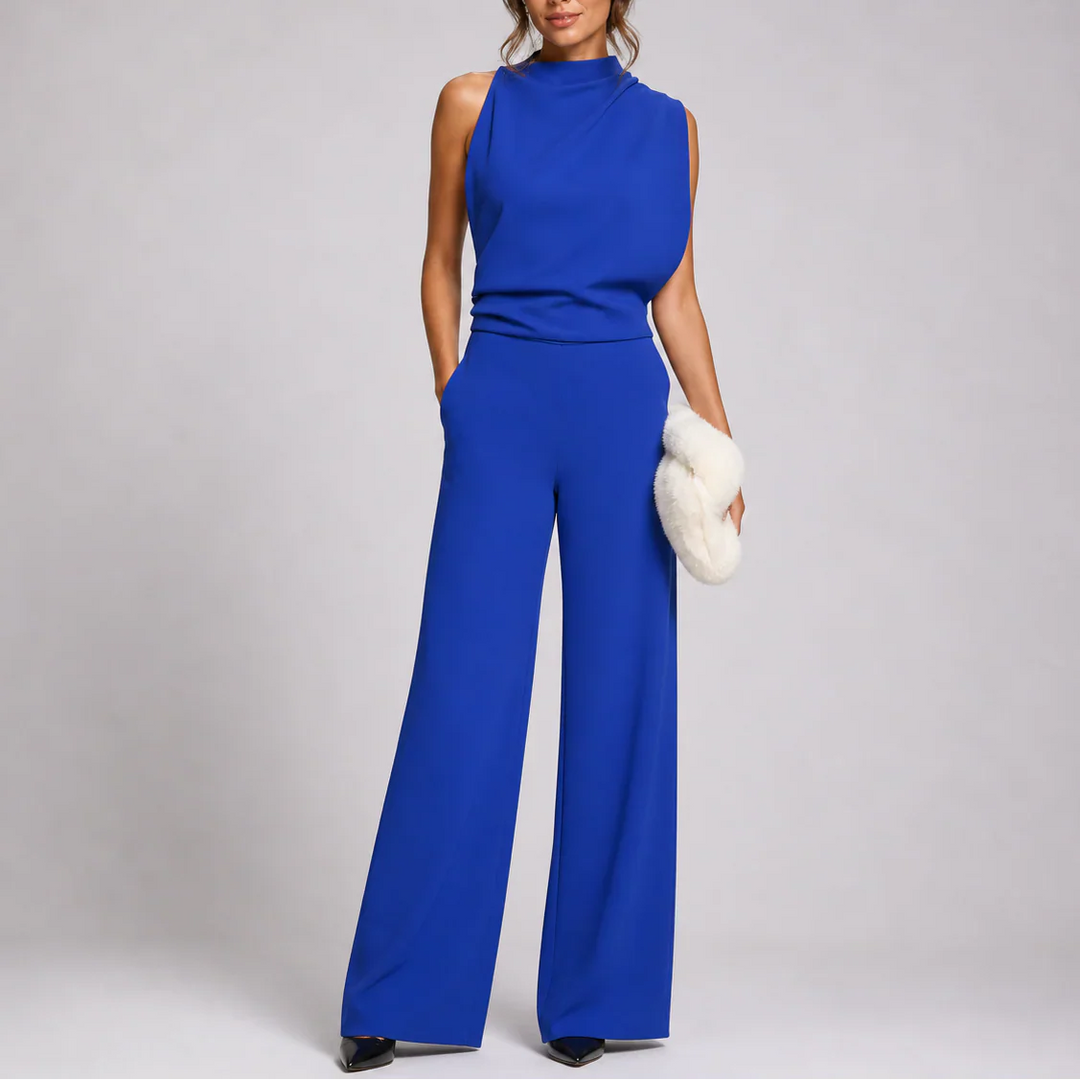 Back view of sleeveless jumpsuit showing concealed zip closure