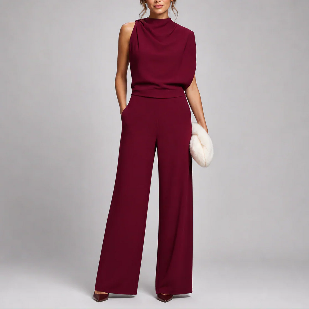 Close-up of high neckline and structured bodice on sleeveless jumpsuit