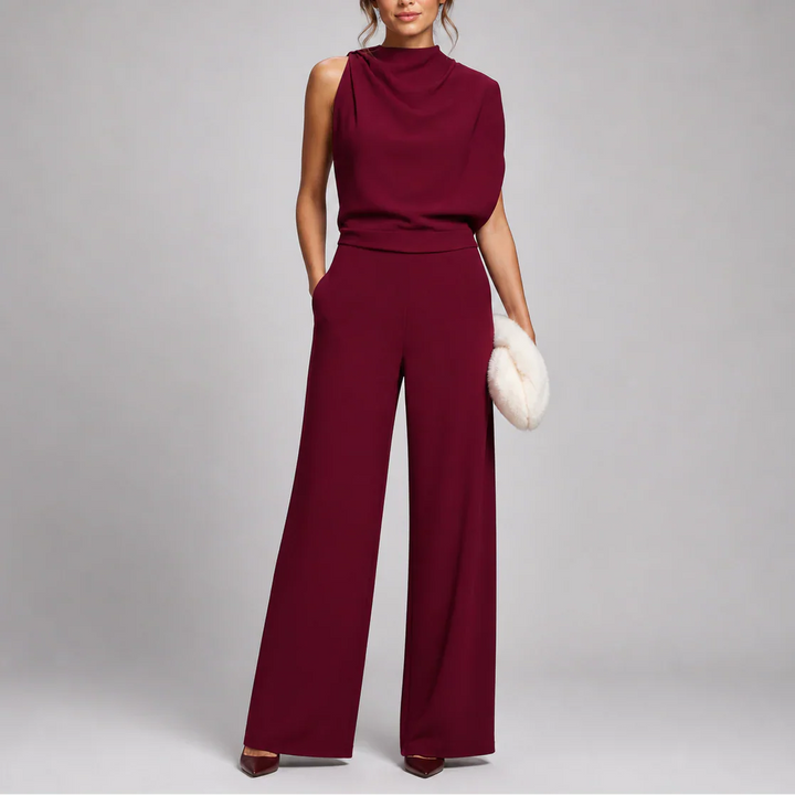 Close-up of high neckline and structured bodice on sleeveless jumpsuit