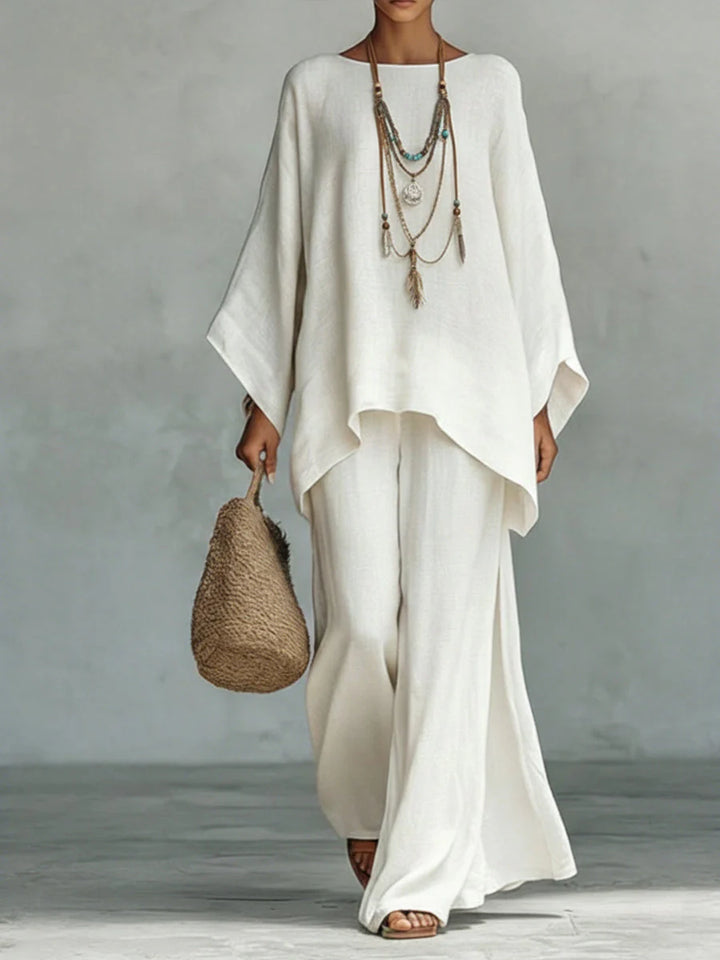 Women's linen two-piece set with oversized batwing sleeve top and wide-leg trousers in cream white