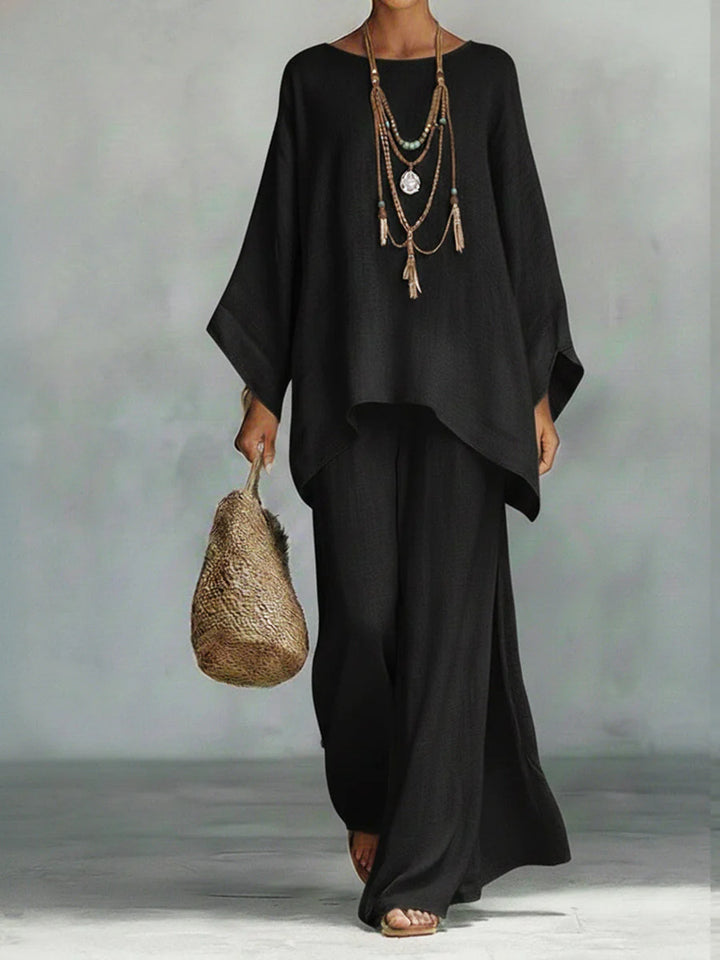 Flowing linen trouser set in cream with batwing sleeves and relaxed silhouette