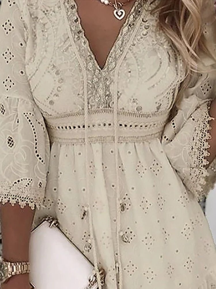 Close-up view of eyelet lace detailing and V-neckline on boho mini dress with button-front closure