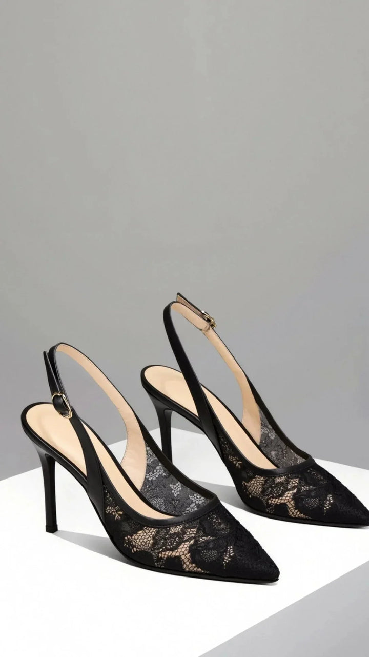 Detail shot of pointed toe and lace-inspired texture on women's slingback heels