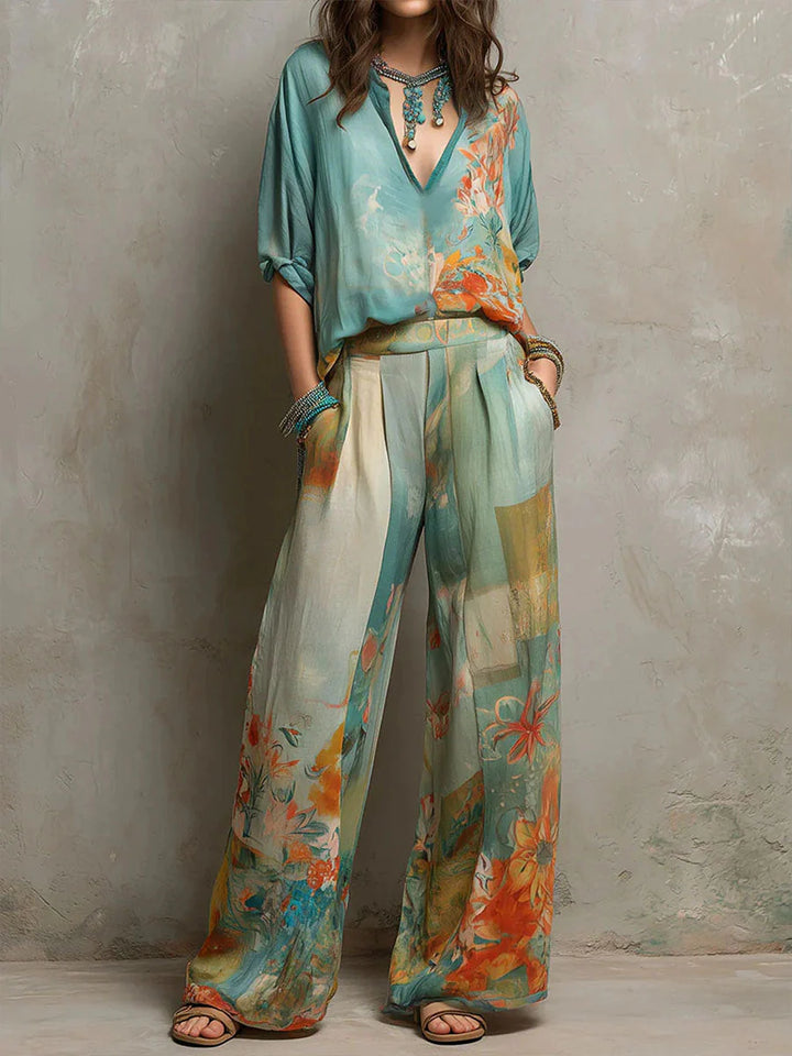 Floral Wide-Leg Two-Piece Set with V-neck top and flowing trousers in turquoise and coral print