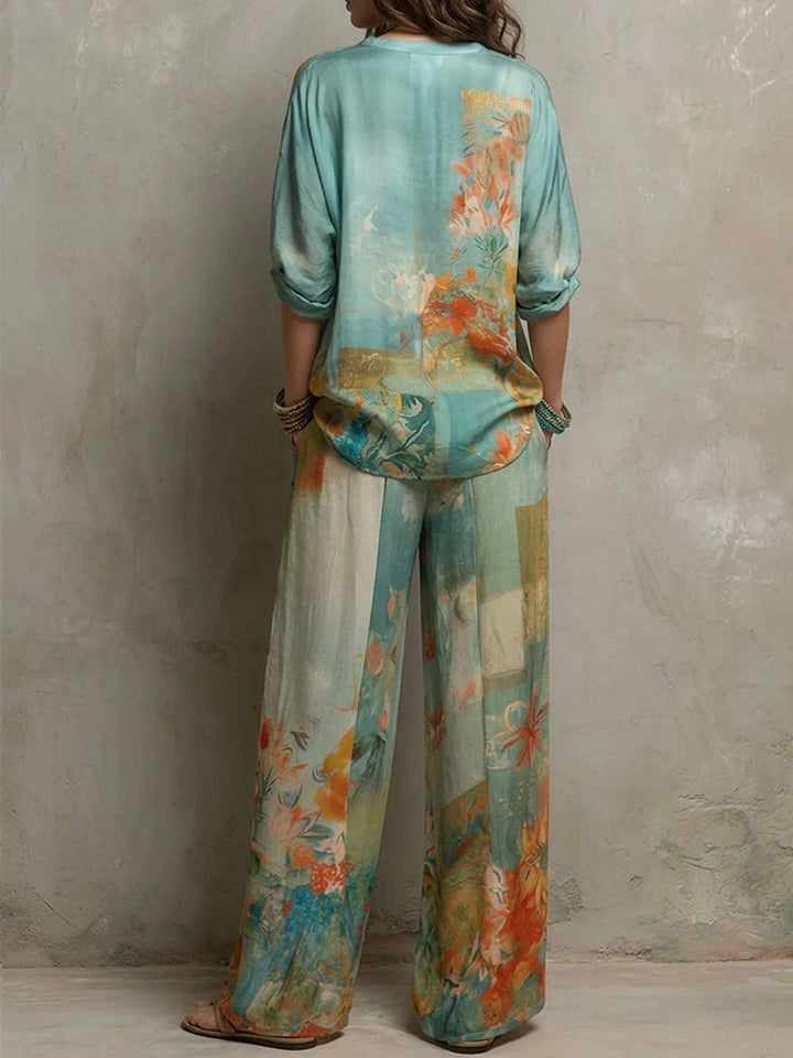 Abstract floral print two-piece set featuring relaxed wide-leg trousers and coordinating top