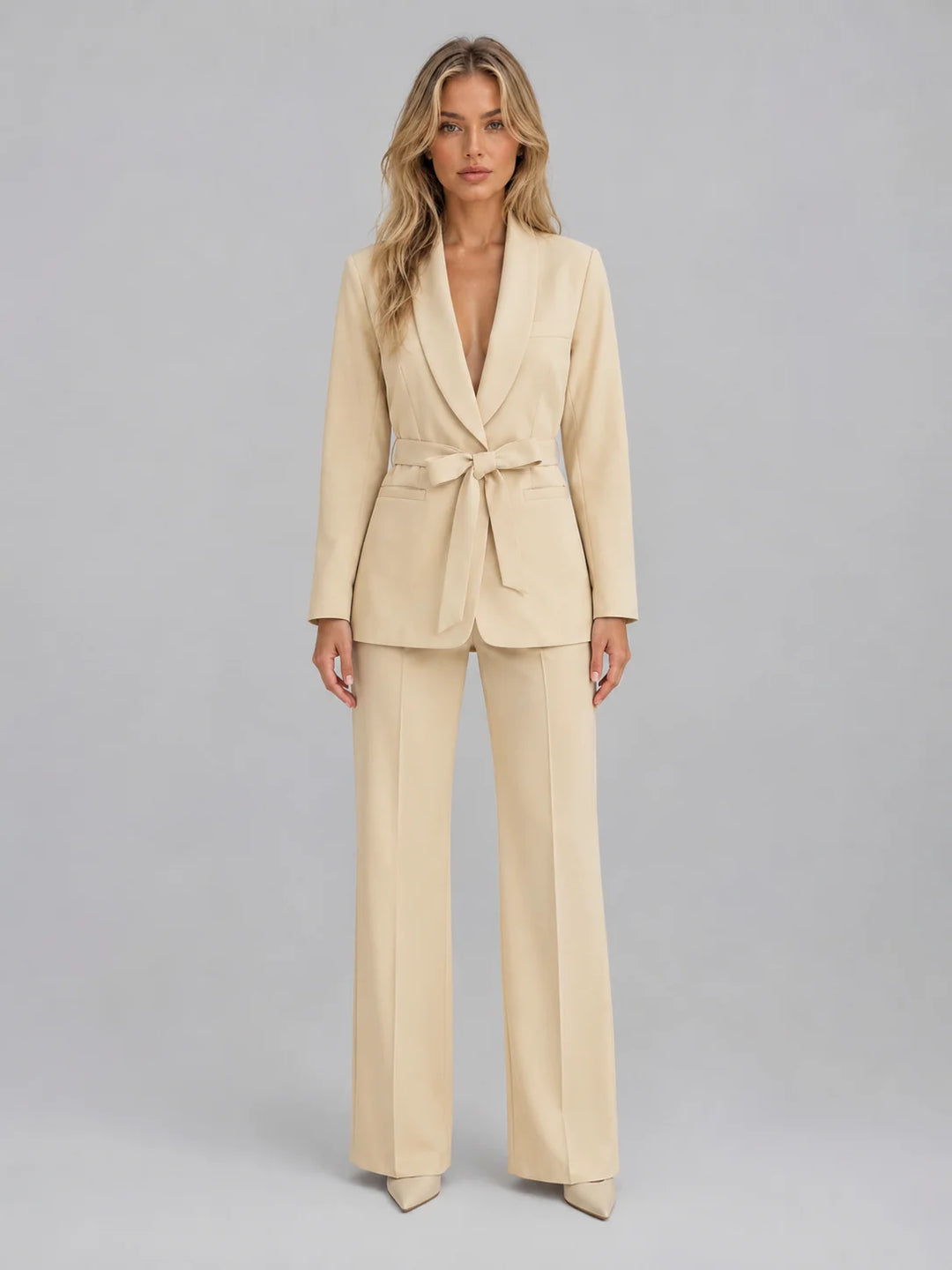 Women's Belted Blazer & Wide Leg Trouser Co-Ord Set – Tailored Two-Piece Suit in cream with shawl collar and self-tie belt
