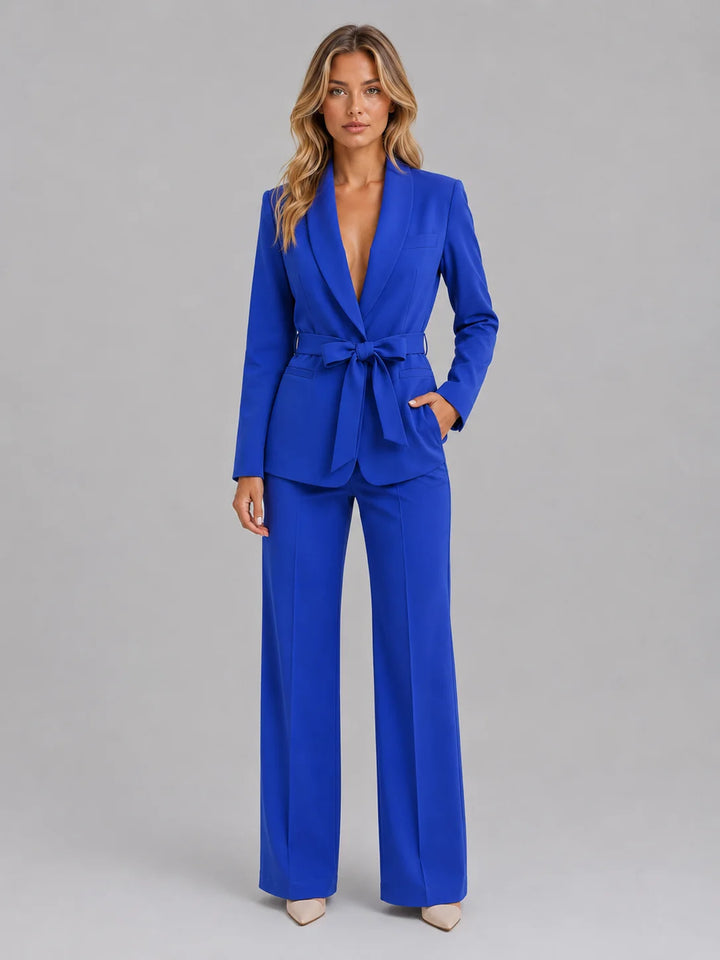 Full-length view of women's tailored suit set styled for workwear and formal occasions