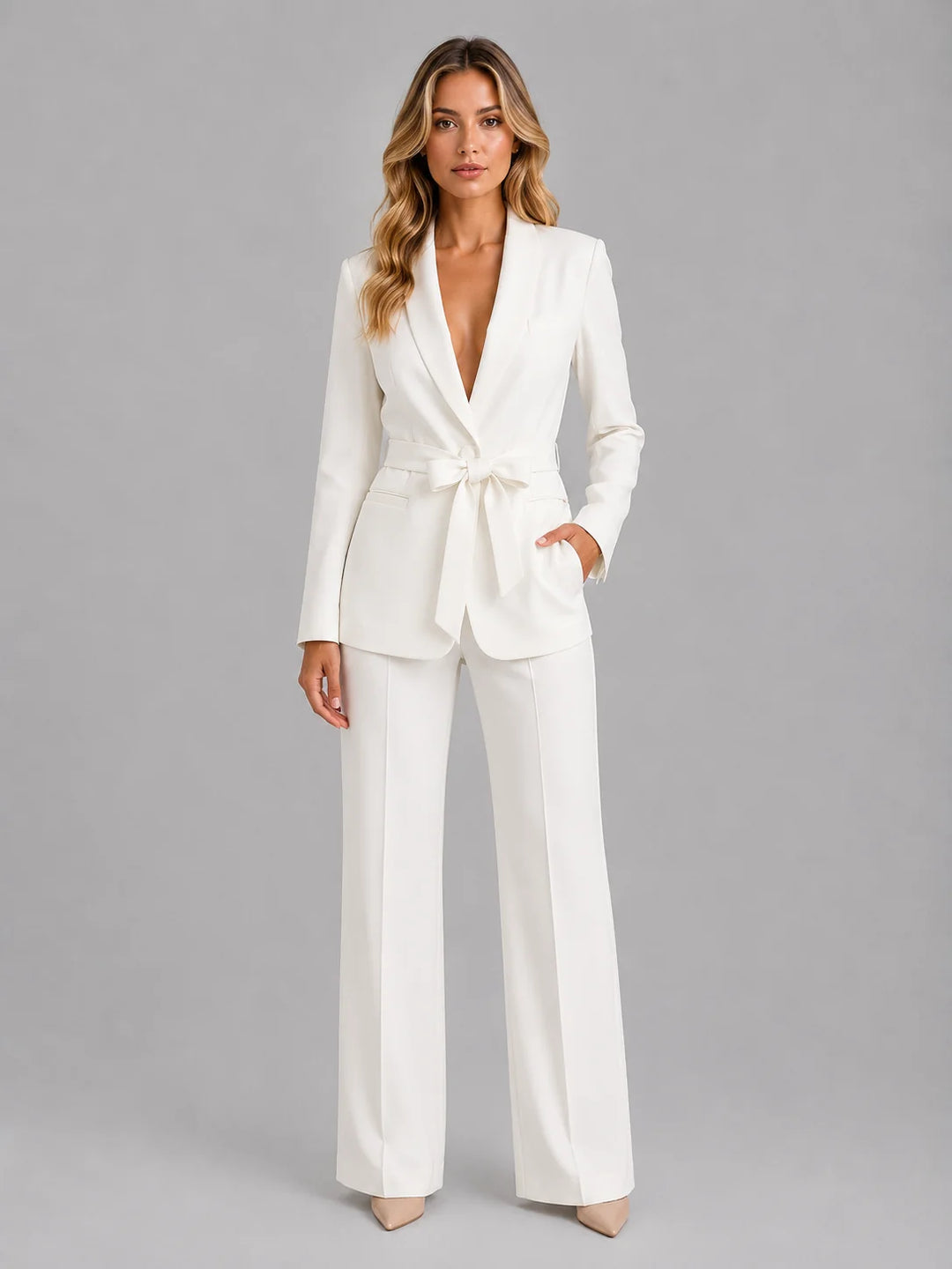 Styled look of two-piece suit co-ord set for smart casual and evening wear