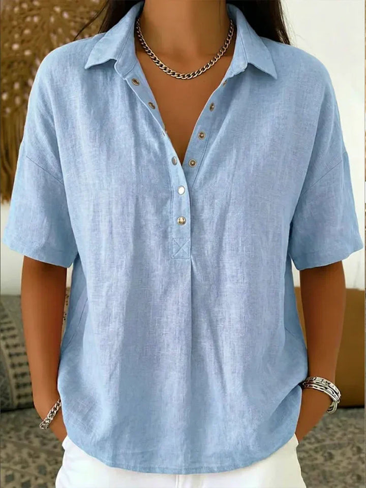 Women's linen shirt styled casually with denim showing oversized silhouette