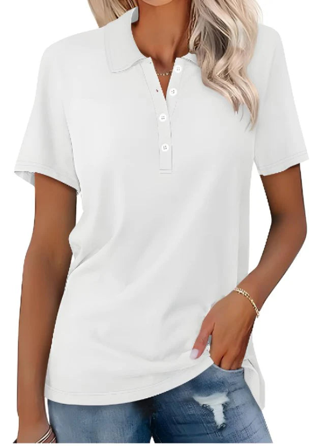 Relaxed fit women's polo in grey with collar, button placket, and short sleeves