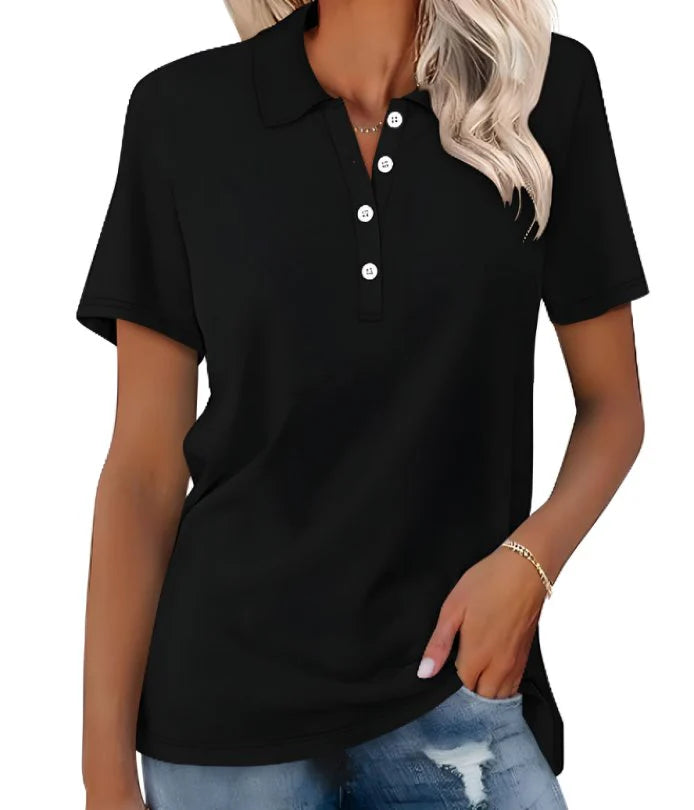Classic women's polo shirt with soft collar and button front, versatile casual style