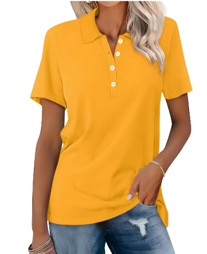 Women's polo top featuring collar detail, button placket, and comfortable short sleeves