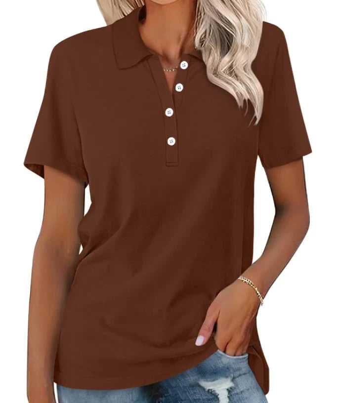 Grey women's polo shirt with classic collar and relaxed fit, smart casual design