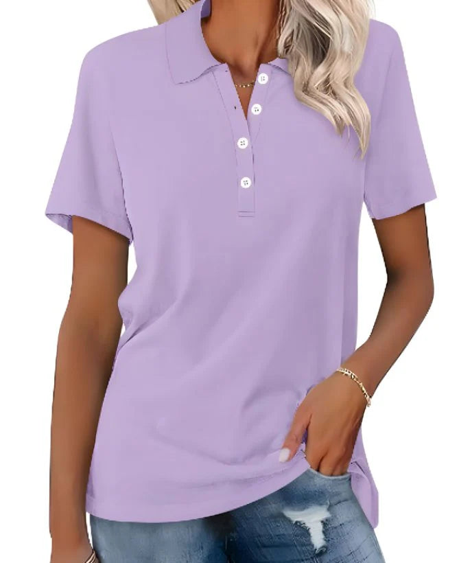 Classic women's polo shirt with collar detail and four-button placket, short sleeve design