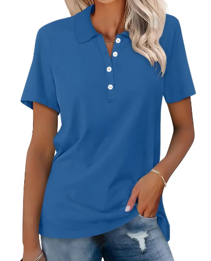 Grey women's polo top with soft collar and button front, comfortable relaxed silhouette